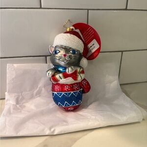 Christopher Radko, Smitten in a Mitten Kitten, Ornament - Silver, Red, Blue